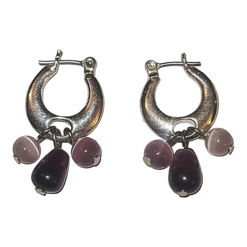 Silver Tone Purple Cat Eye Glass Bead Huggy Earrings 3