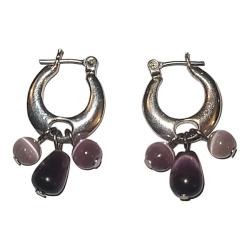Silver Tone Purple Cat Eye Glass Bead Huggy Earrings 4