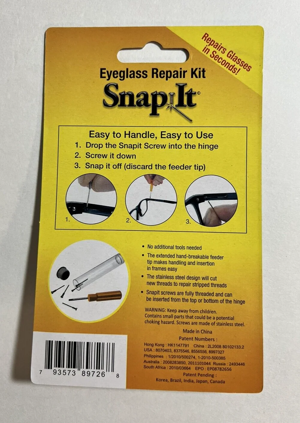 SNAP-IT Eyeglass Tool Repair Kit w/ 5 Snap-Off Screws - New - Set of 3 Kits 4