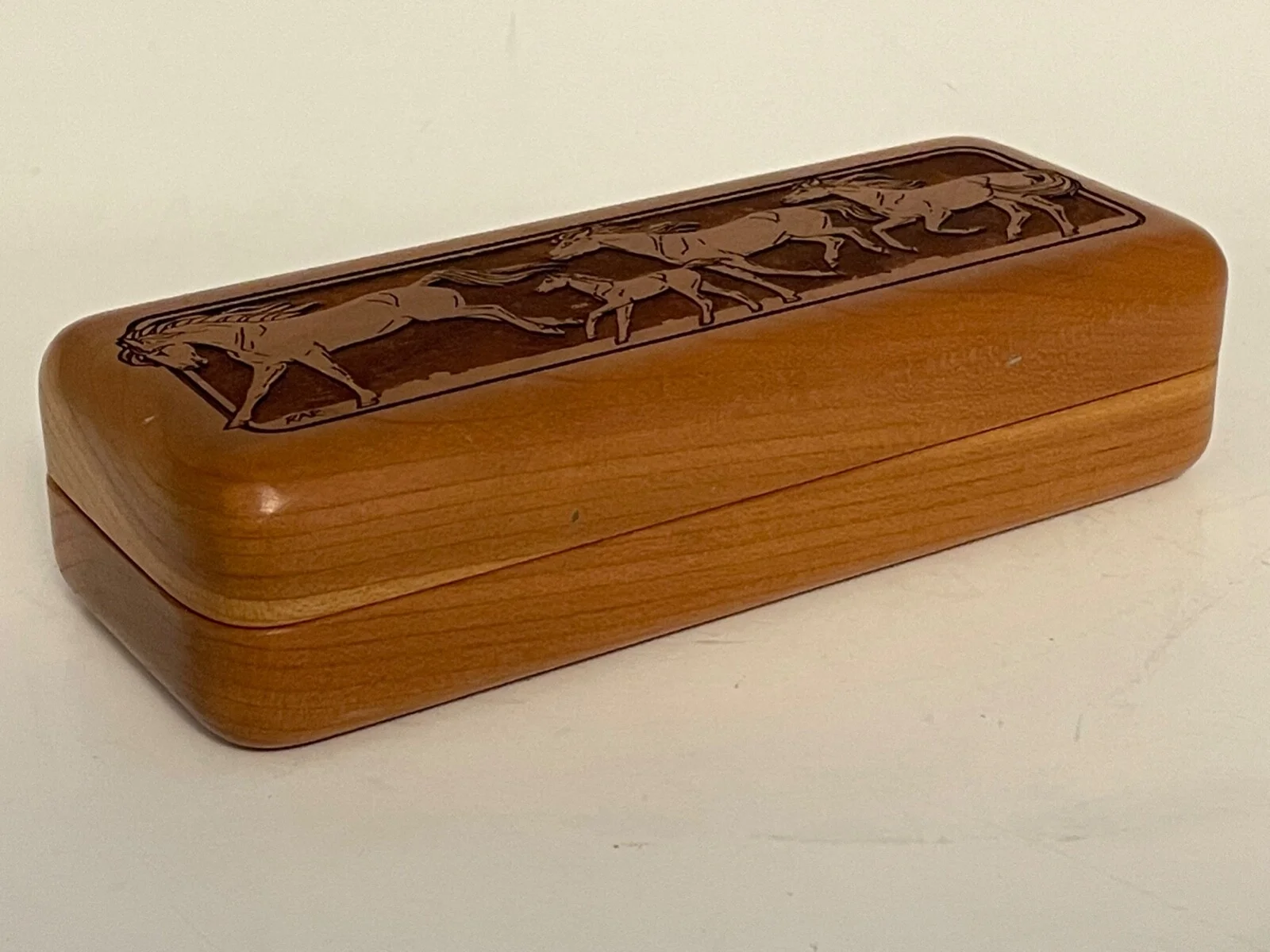 Solid Wood Eyeglass Case Lasercut Engraved HORSES Red Velvet Interior hinged box 4