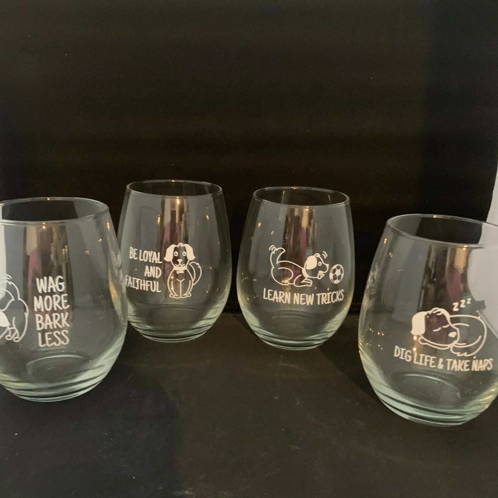 Stemless Wineglasses with Adorable Dogs and Sayings on Them