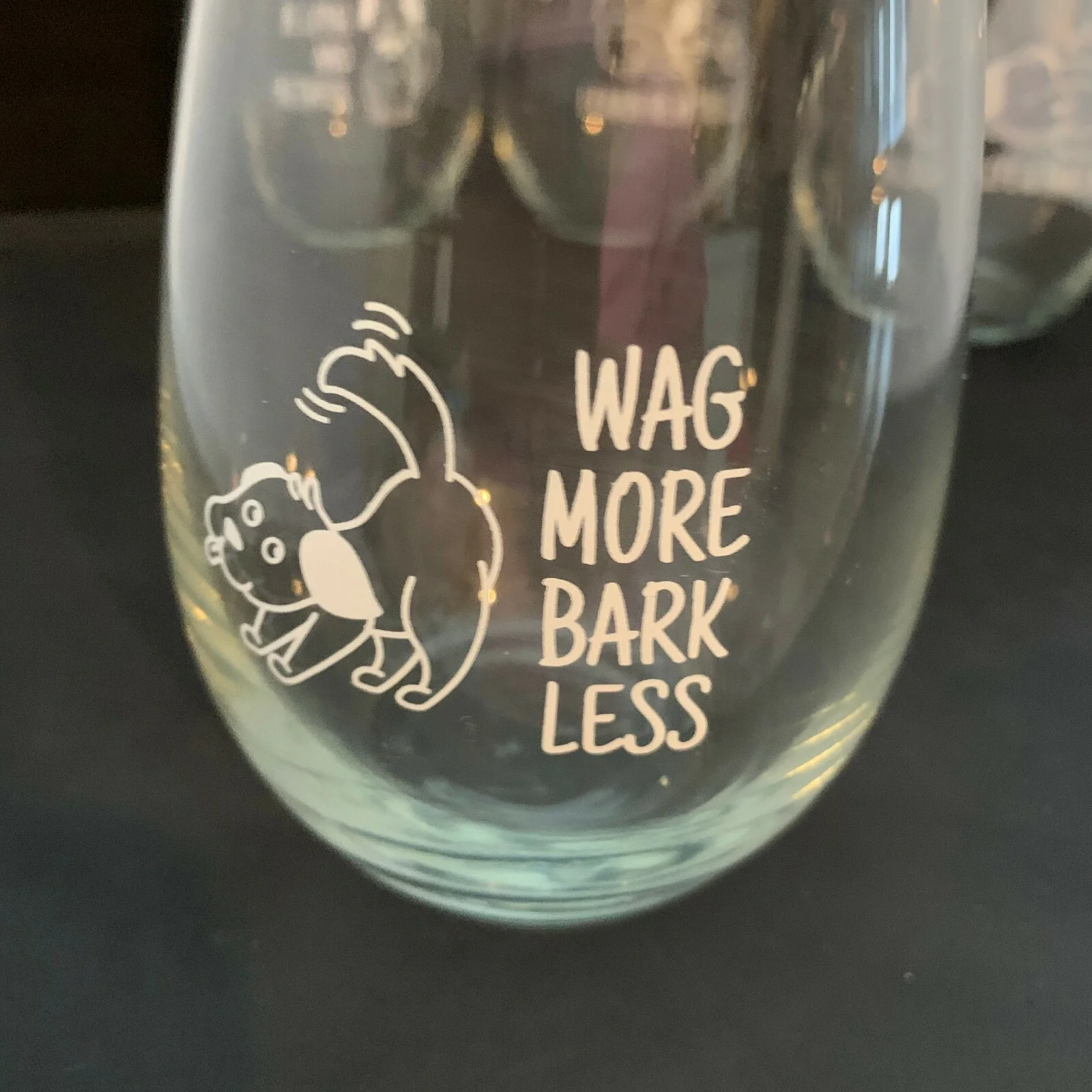 Stemless Wineglasses with Adorable Dogs and Sayings on Them 2