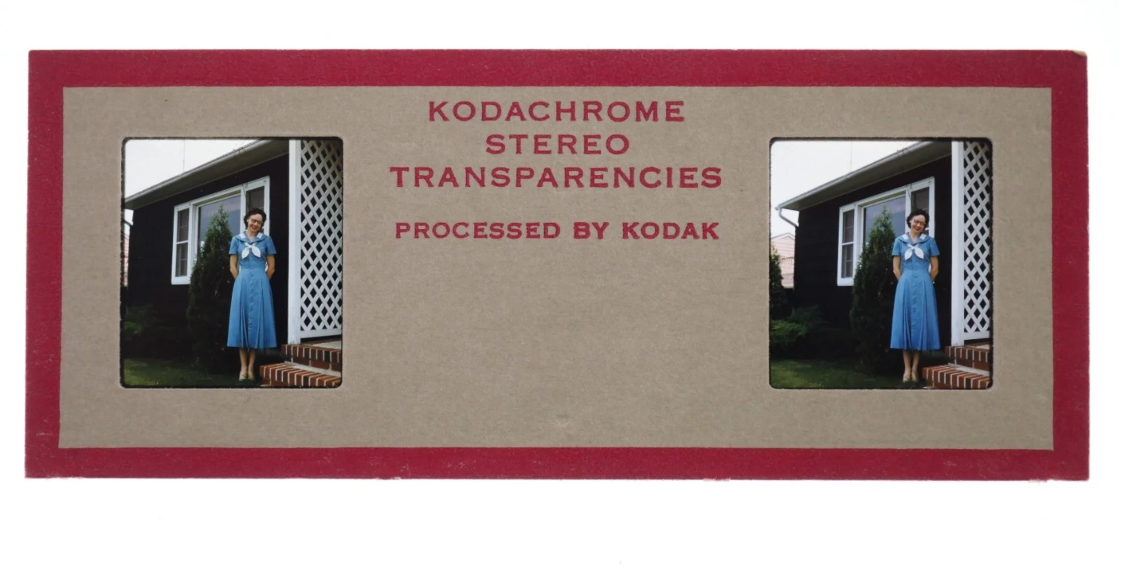Stereo realist slide - Lady cat eye glasses nice dress by home- 1950s Kodachrome 3