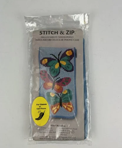 Stitch And Zip Needlepoint Eyeglass Phone Case SZ357 Butterflies 1999 DIY Sealed