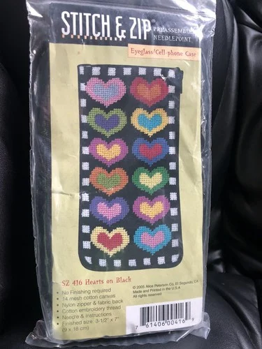 Stitch & Zip Needlepoint Eyeglass Case Kit - Hearts on Black