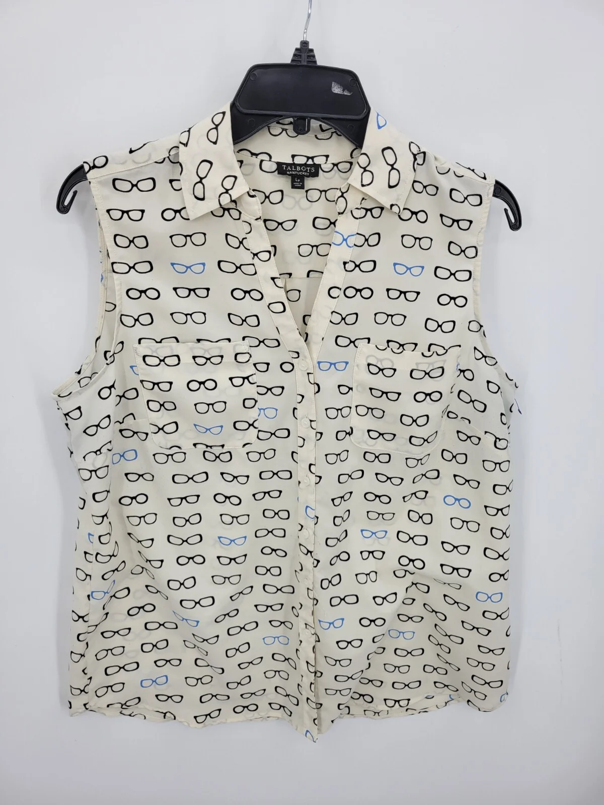 Talbots Nantucket Shirt Womens Large Petite Eyeglass Print Sleeveless Button Up