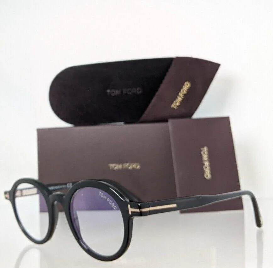 Tom Ford FT 5664-B 001 5664 Black Eyeglasses Round Blue Block Lens 45-22 New 3