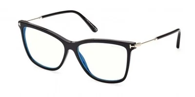 Tom Ford FT5824-B 001 Shiny Black/Blue Block Cat-Eye Eyeglasses With Clip-Ons