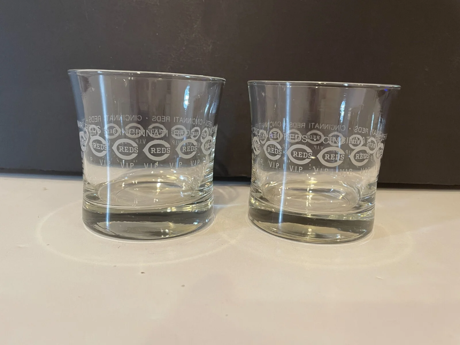 Two (2) Cincinnati Reds V.I.P / VIP Etched Heavy Rocks Glasses - 4 1/8
