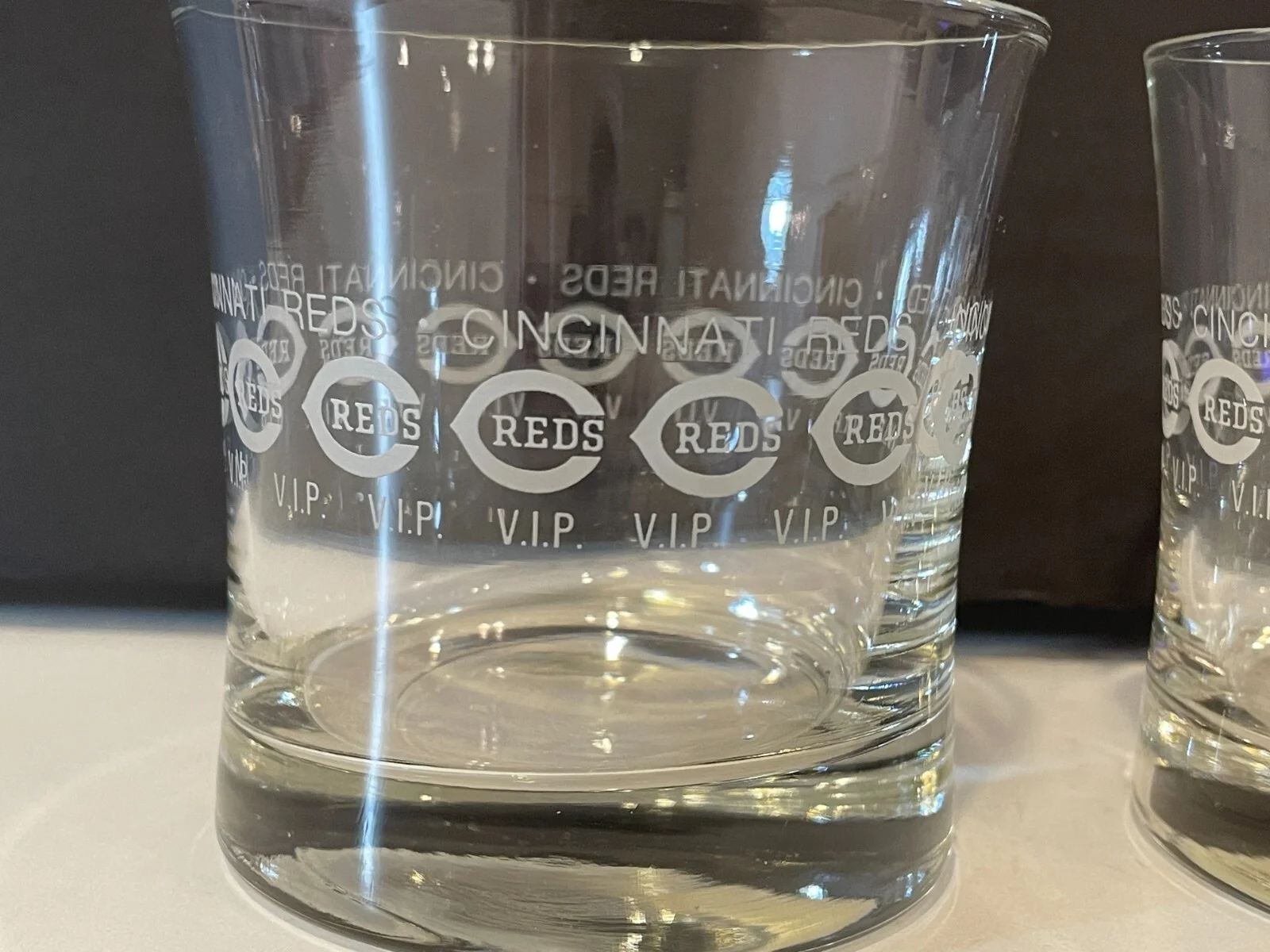 Two (2) Cincinnati Reds V.I.P / VIP Etched Heavy Rocks Glasses - 4 1/8 2