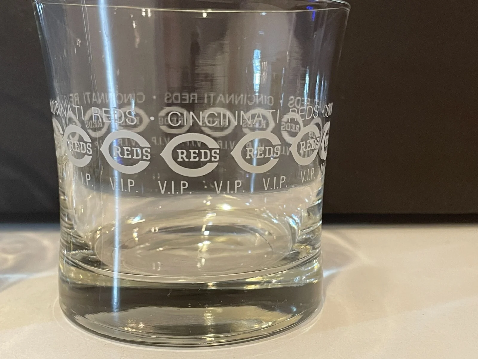 Two (2) Cincinnati Reds V.I.P / VIP Etched Heavy Rocks Glasses - 4 1/8 3