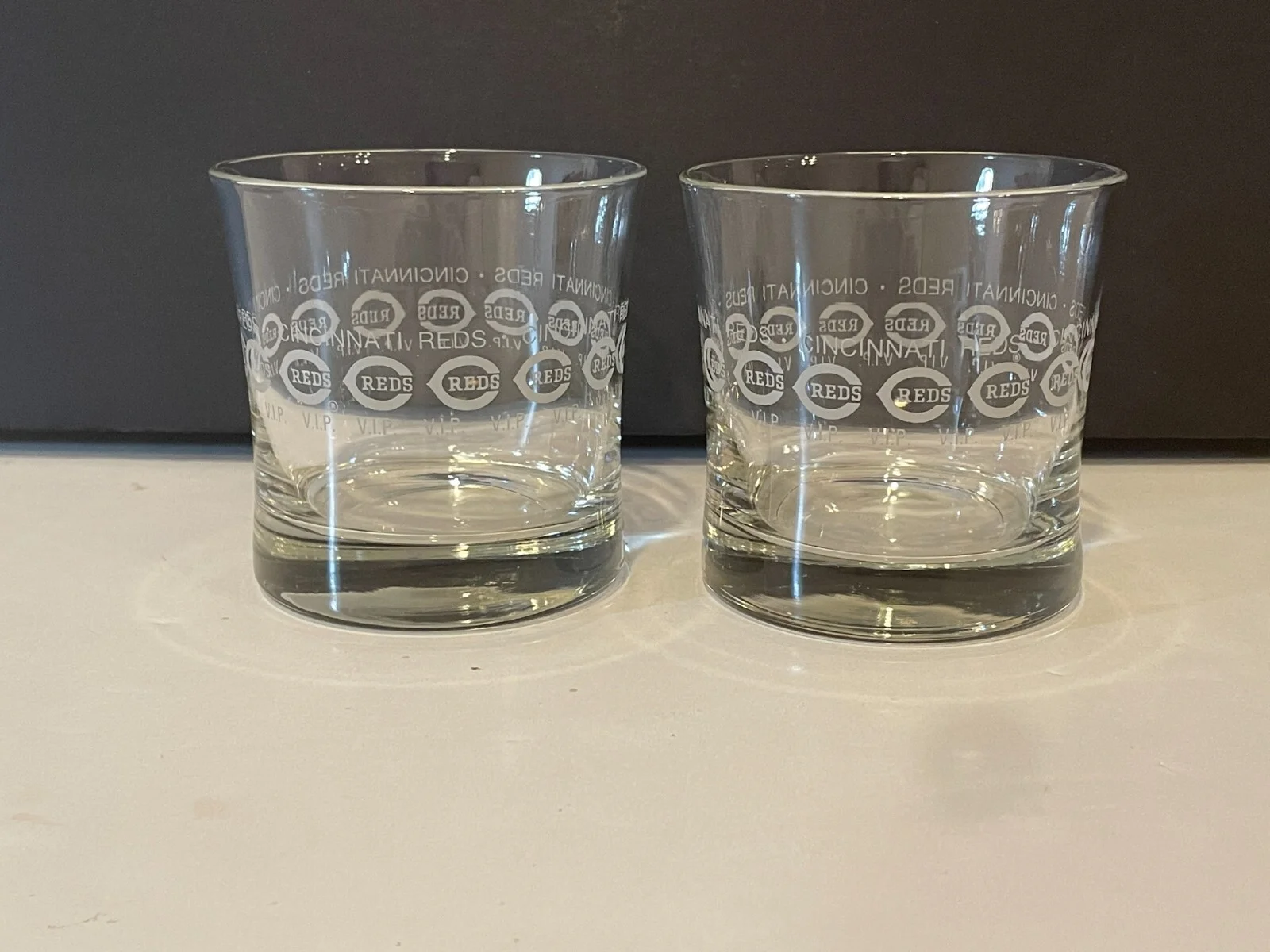 Two (2) Cincinnati Reds V.I.P / VIP Etched Heavy Rocks Glasses - 4 1/8 4