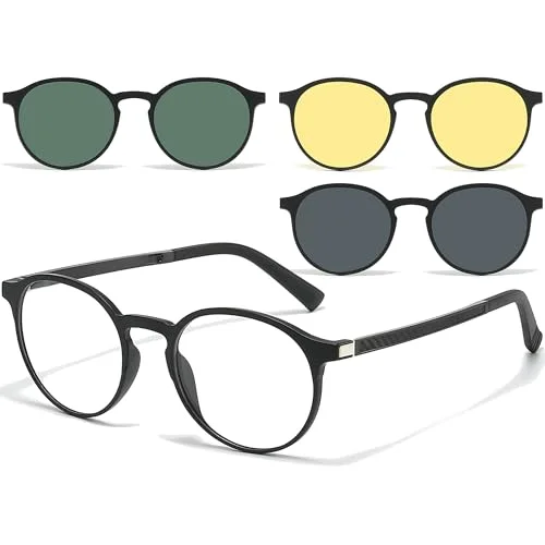 UNIEOWFA Retro Round Glasses Frame for Men Women With 3 in 1 Polarized Magnetic clip on Sunglasses Eyeglasses Optical Eyewear
