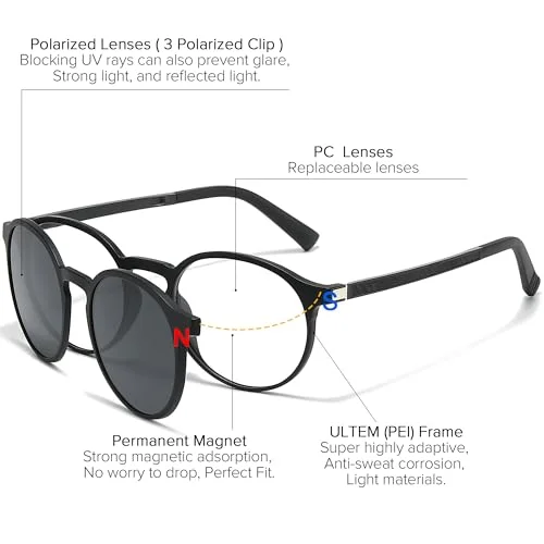 UNIEOWFA Retro Round Glasses Frame for Men Women With 3 in 1 Polarized Magnetic clip on Sunglasses Eyeglasses Optical Eyewear 3