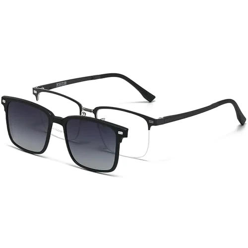 UNIEOWFA Square Semi-Rimless Optical Glasses Frame Men Magnetic Sunglasses Eyeglasses With Polarized clip on UV Protection