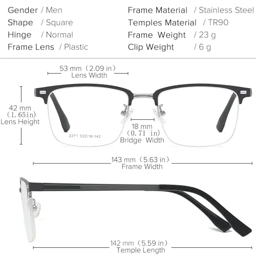 UNIEOWFA Square Semi-Rimless Optical Glasses Frame Men Magnetic Sunglasses Eyeglasses With Polarized clip on UV Protection 2