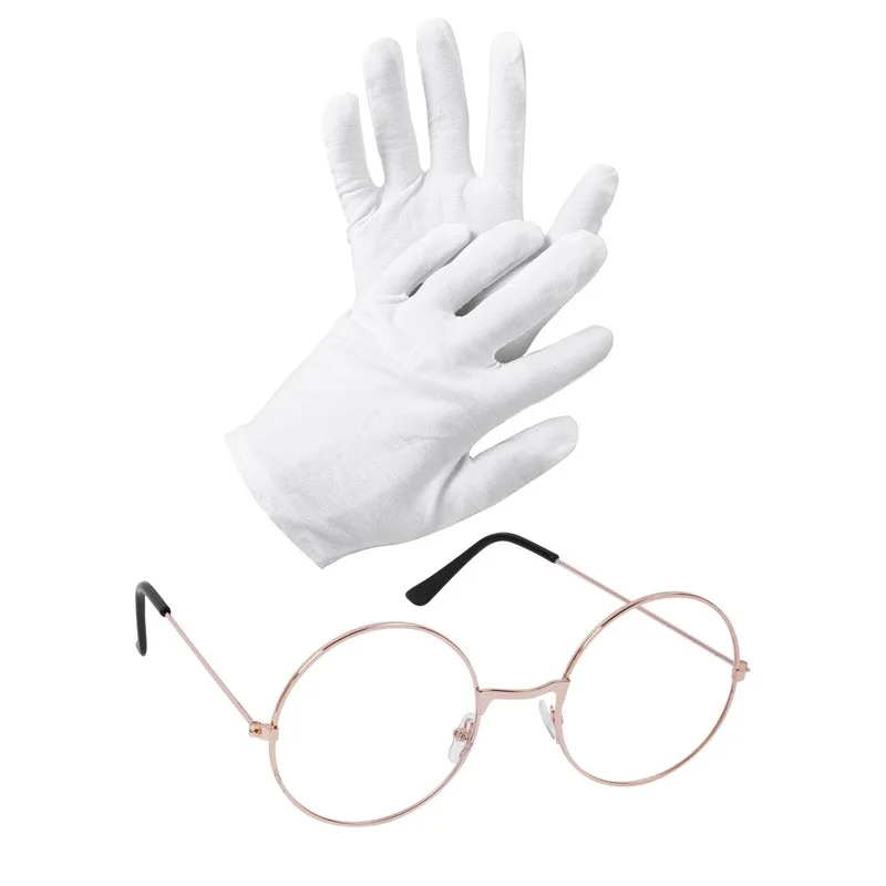 US Santa Claus Claus Suits Round Wire Rim Glasses+White Gloves Chrismas Costume