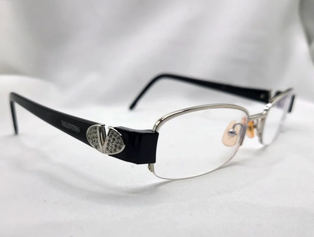 VALENTINO Italy Silver/Black Half Rimless Eyeglasses Frame Rhinestone 52-17 0-2 2