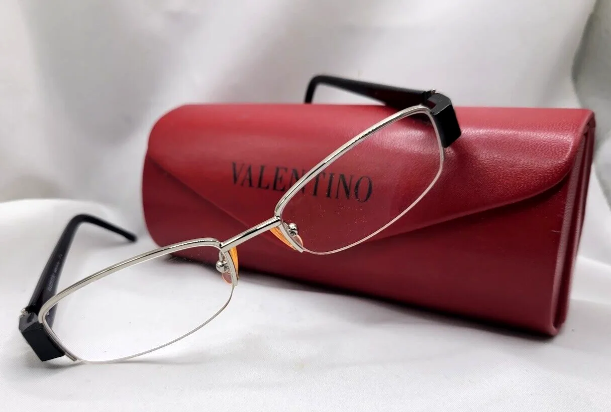 VALENTINO Italy Silver/Black Half Rimless Eyeglasses Frame Rhinestone 52-17 0-2 3