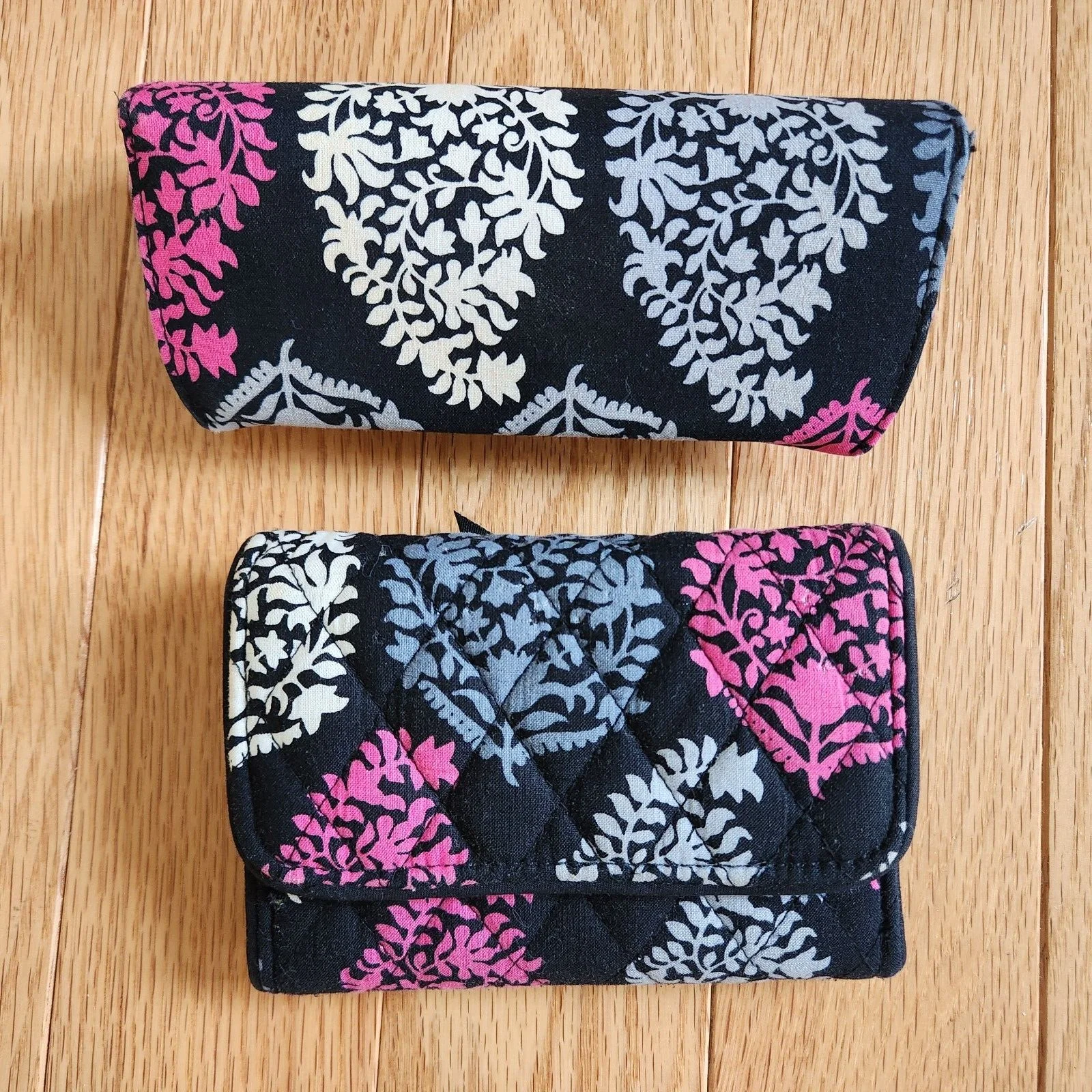 Vera Bradley Northern Lights Pink Gray Black Quilt Eyeglass Case + 4 fold wallet