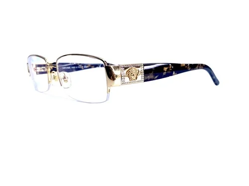 Versace Rectangular Oval Half Rim Eyeglasses Crystal Gold Temples 53 17 135