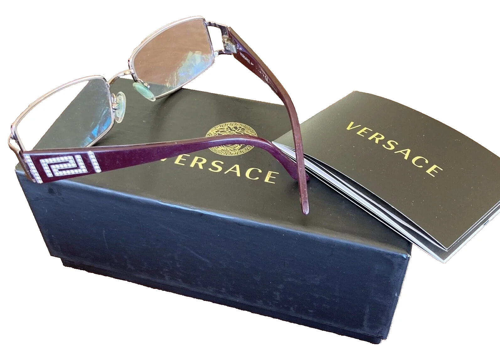 VERSACE Womens Rose Gold Glasses Frames Rectangular w/Crystal Temple + Box Italy 2