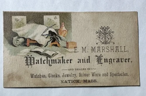 Victorian jewelers trade card EM Marshall Watchmaker Spectacles Natick MA B24 1