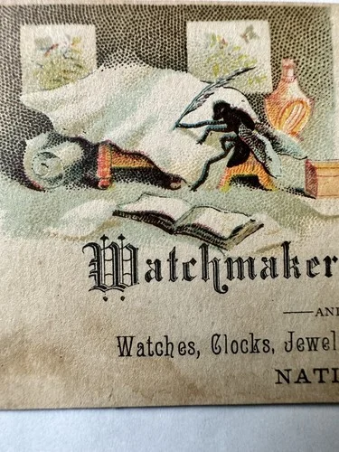 Victorian jewelers trade card EM Marshall Watchmaker Spectacles Natick MA B24 3