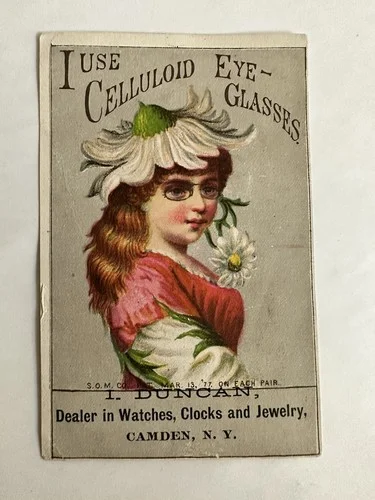 VICTORIAN TRADE CARD “I USE CELLULOID EYEGLASSES” CP Forbes Greenfield MA B22