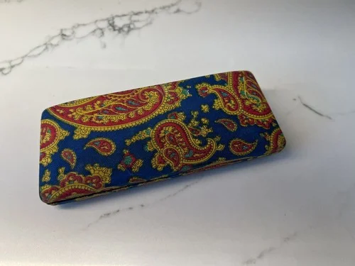 VINTAGE 60s Fabric EYE GLASS HOLDER/CASE Mod Paisley Optometrist-Blue, Red & Gld