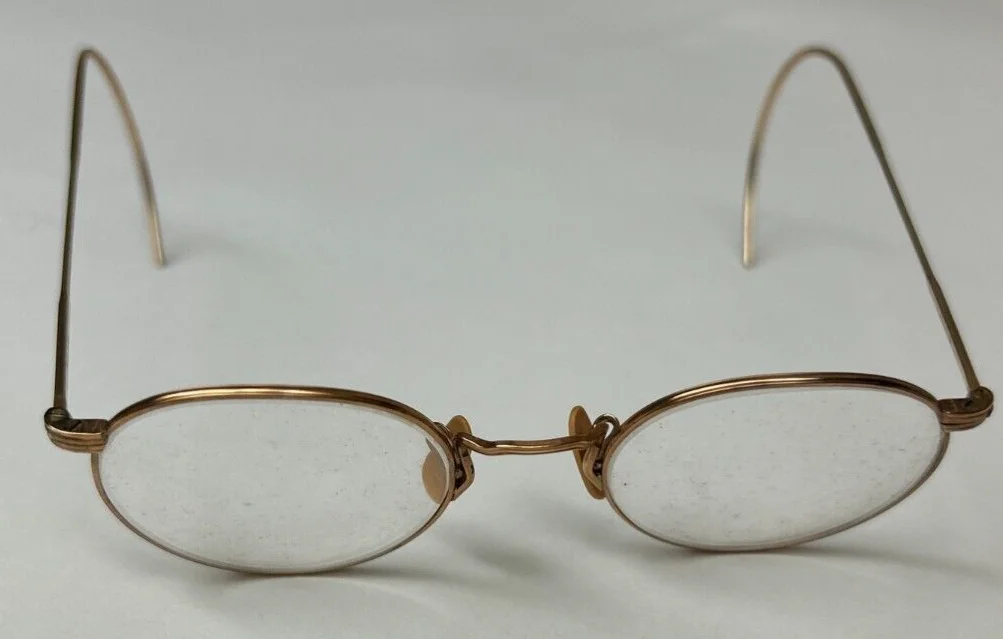 Vintage Antique 12 K Gold Filled Wire Rim Eye Glasses W/ Blue Hard Case