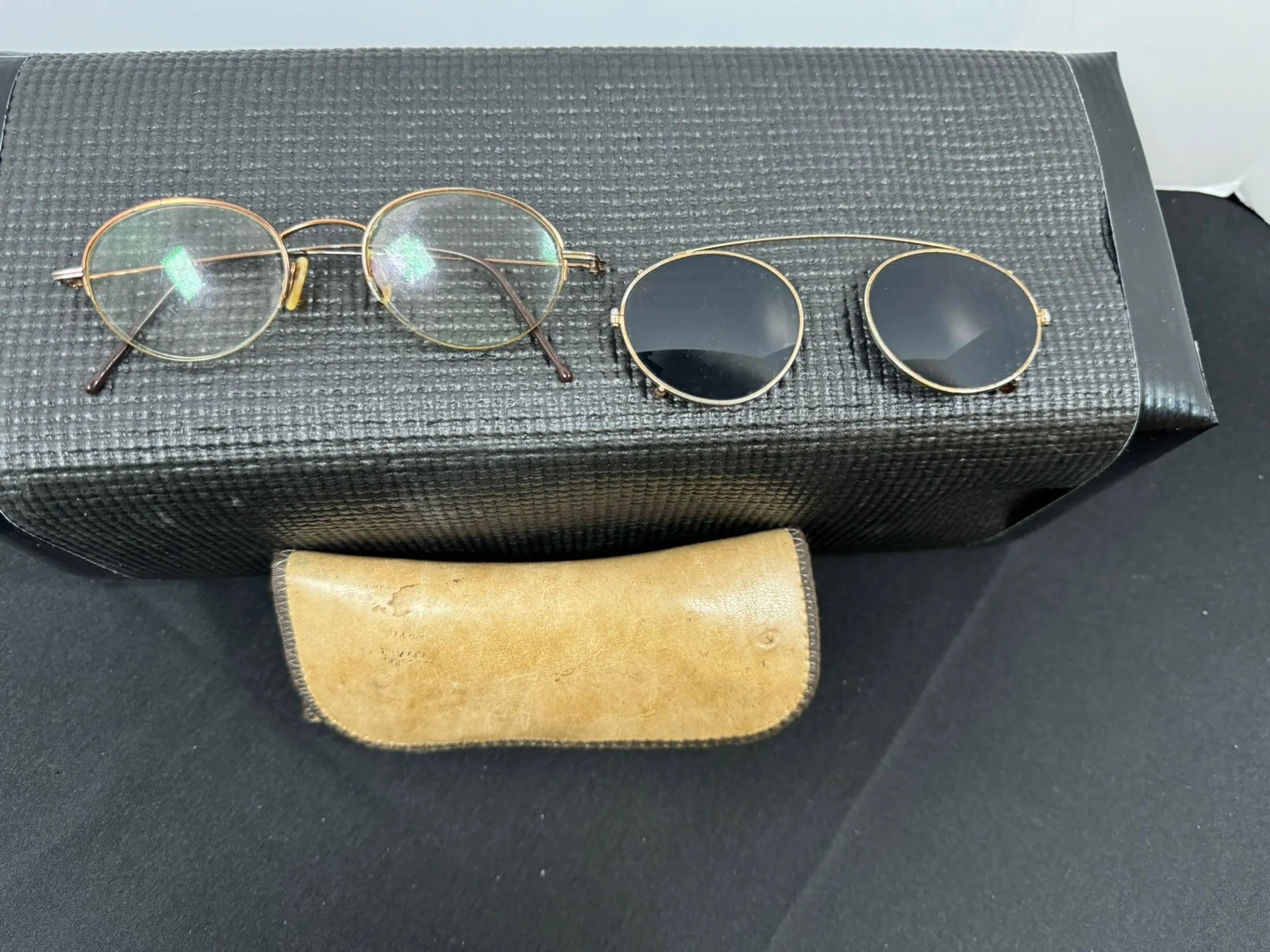 Vintage Antique Eyeglasses with clip-on Shades & Case