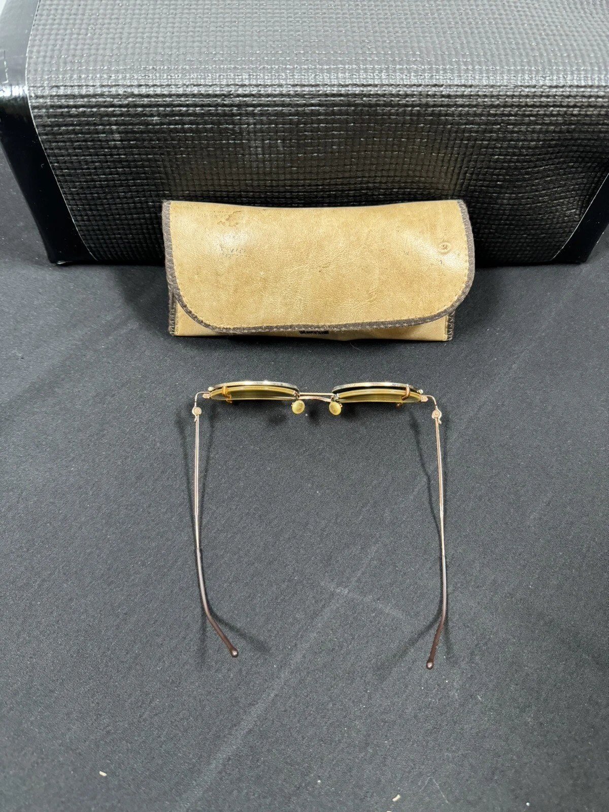 Vintage Antique Eyeglasses with clip-on Shades & Case 4
