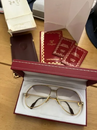 Vintage Cartier Santos Two Bridge Teardrop Sun Or Eyeglasses Gold And Bordeaux