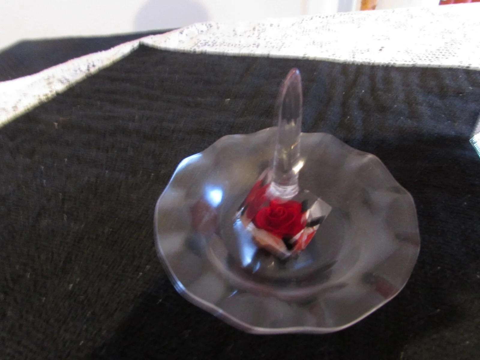Vintage Carved Lucite Red Rose Ring Holder and Eye Glass Holder. By Bircraft. 2