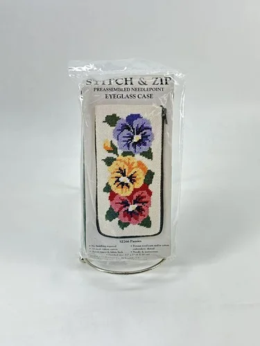 Vintage Cross Stitch Eyeglass Case Pansies Stitch And Zip Embroidery Kit —————A4