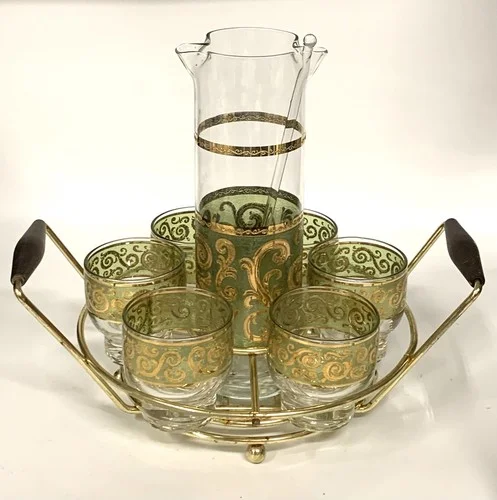 Vintage Culver Toledo Cocktail Set With Caddy Pitcher And 6 Footed Glasses Stir