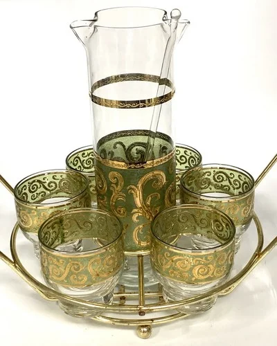 Vintage Culver Toledo Cocktail Set With Caddy Pitcher And 6 Footed Glasses Stir 2