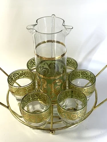 Vintage Culver Toledo Cocktail Set With Caddy Pitcher And 6 Footed Glasses Stir 3