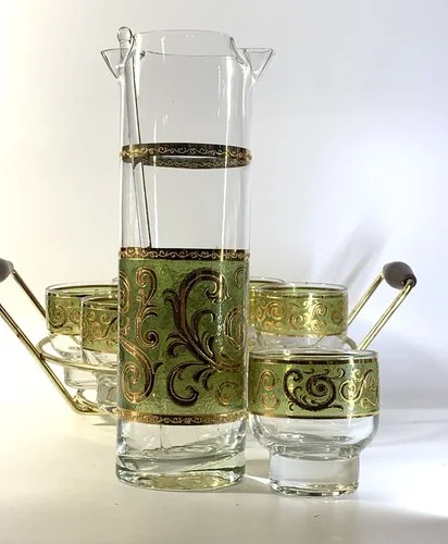 Vintage Culver Toledo Cocktail Set With Caddy Pitcher And 6 Footed Glasses Stir 4