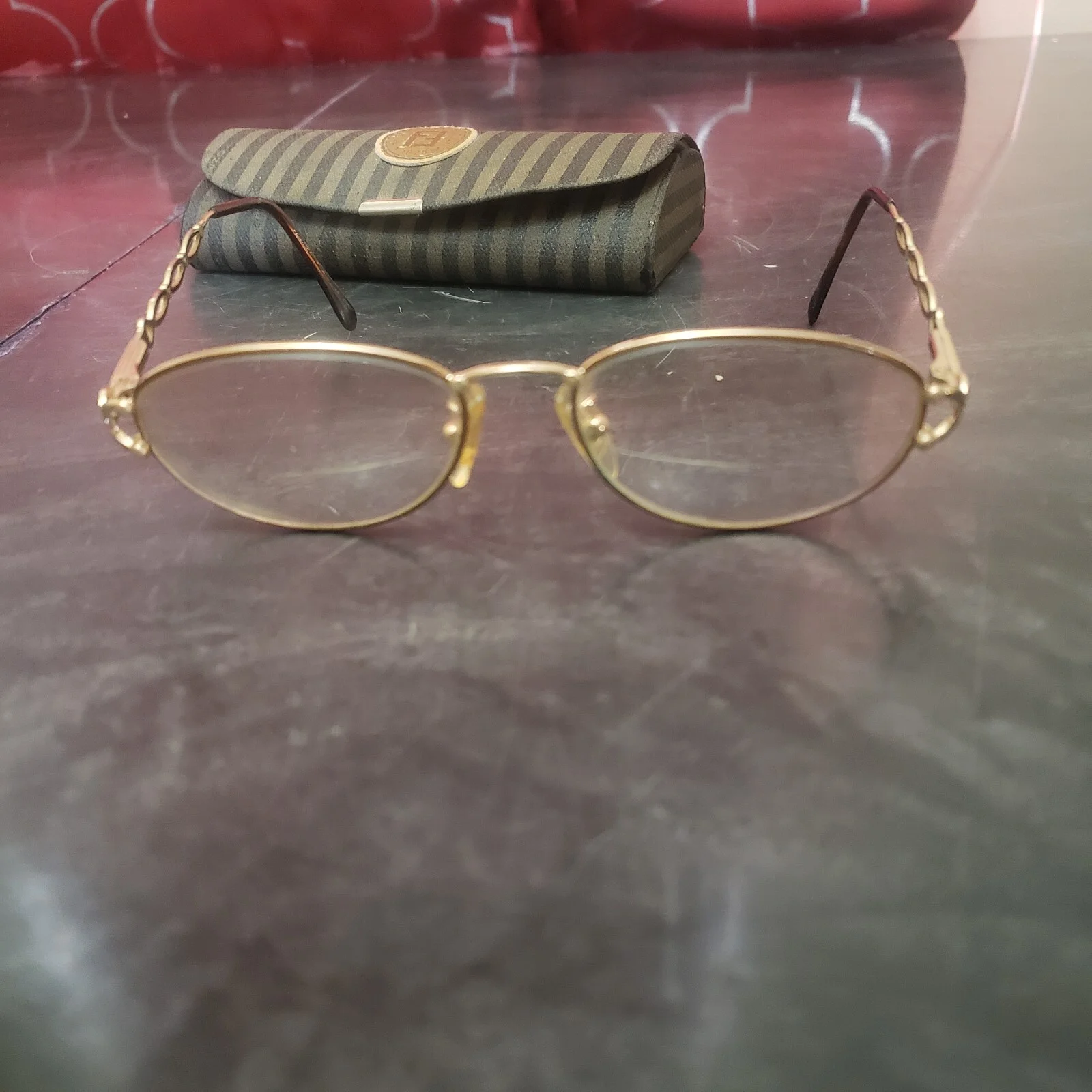 Vintage Fendi Occhiali Eyeglasses Frames w/ Striped Case Italy Gold Tone Women 2