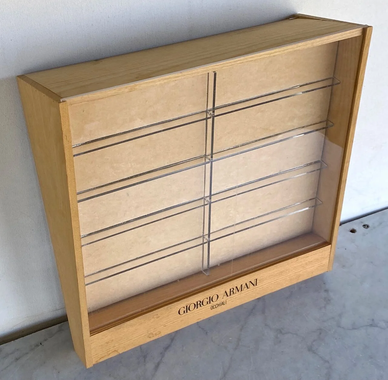 Vintage GIORGIO ARMANI Occhiali Eyeglasses Frame Display Case. Wood + Acrylic
