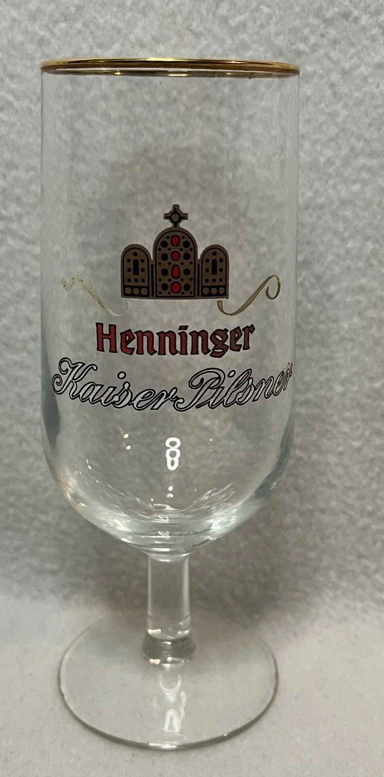Vintage Late 60s Henninger Kaiser Pilsner German Footed Glass with Gold Rim
