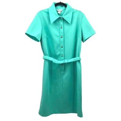 Vintage NPC Fashions Shift Dress Women Sz 20 Teal Belted Pointy Collar MOD MCM 2