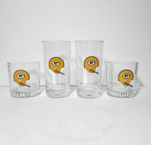 Vintage Set 4 60s/70s Green Bay Packers Heavy Bottom High Low Ball Glasses *L 2