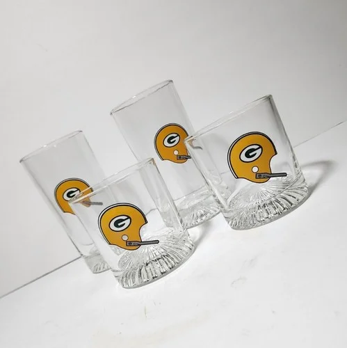 Vintage Set 4 60s/70s Green Bay Packers Heavy Bottom High Low Ball Glasses *L 3