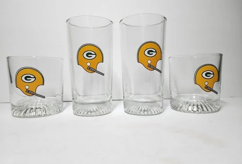 Vintage Set 4 60s/70s Green Bay Packers Heavy Bottom High Low Ball Glasses *L 4