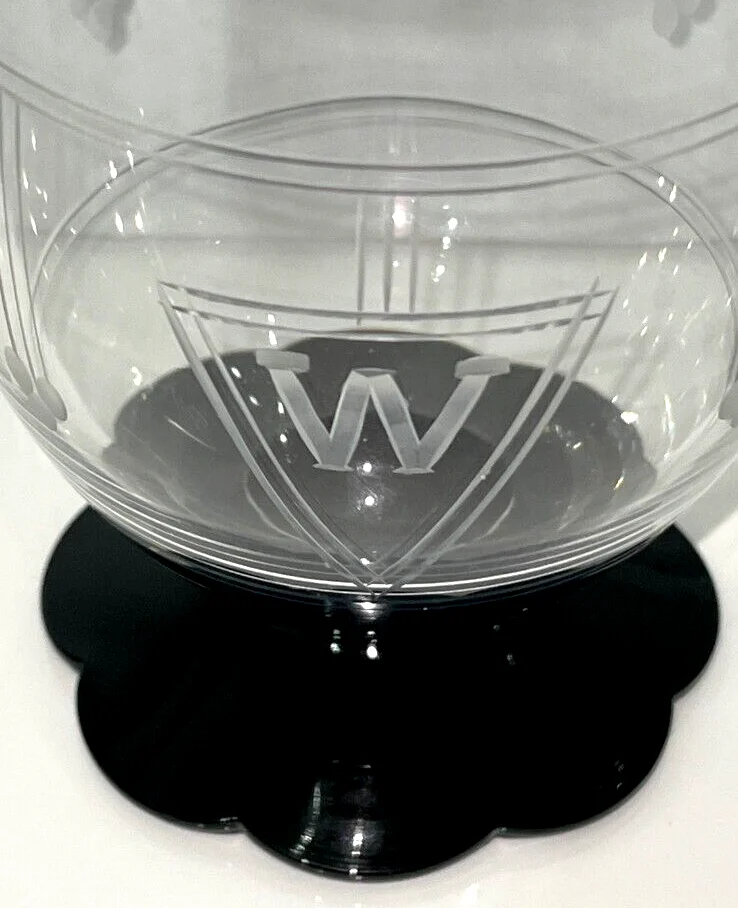 VTG 30s Weston Etched Black Lily Pad Glasses 24 Pcs, 6 Sets of 4 MONOGRAM W JCS