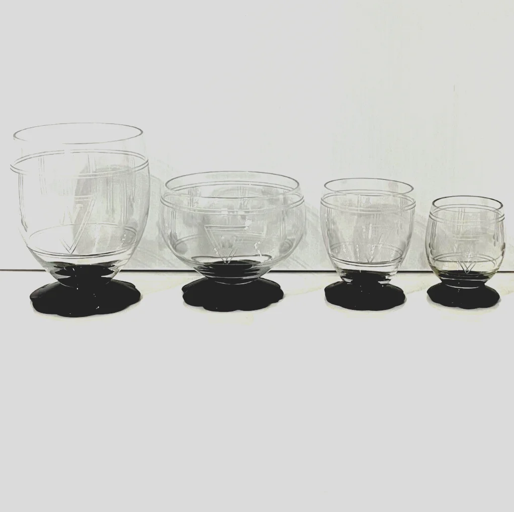 VTG 30s Weston Etched Black Lily Pad Glasses 24 Pcs, 6 Sets of 4 MONOGRAM W JCS 2