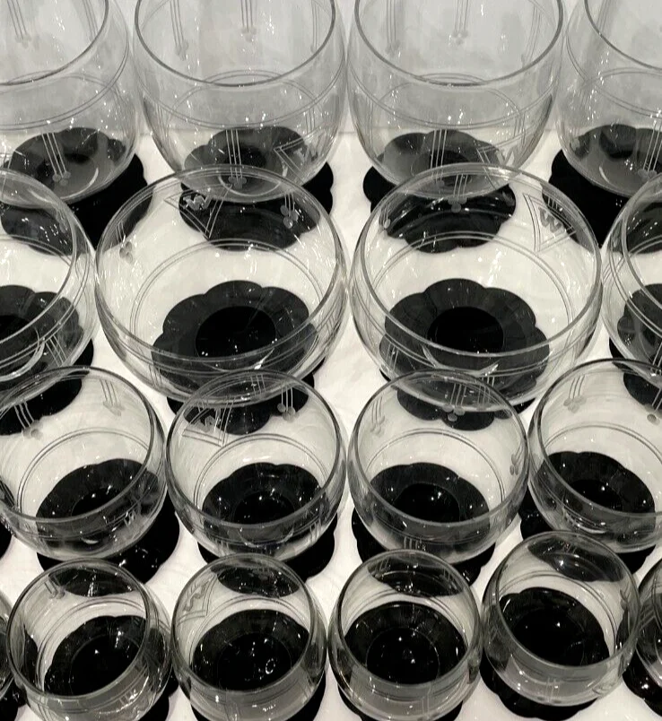 VTG 30s Weston Etched Black Lily Pad Glasses 24 Pcs, 6 Sets of 4 MONOGRAM W JCS 3